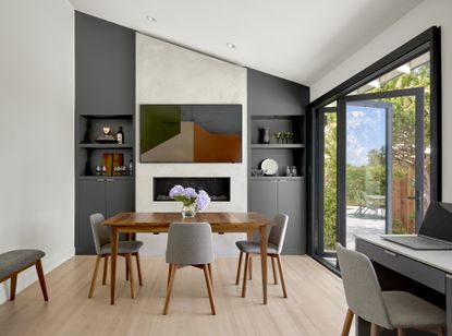 A dining room with wooden flooring