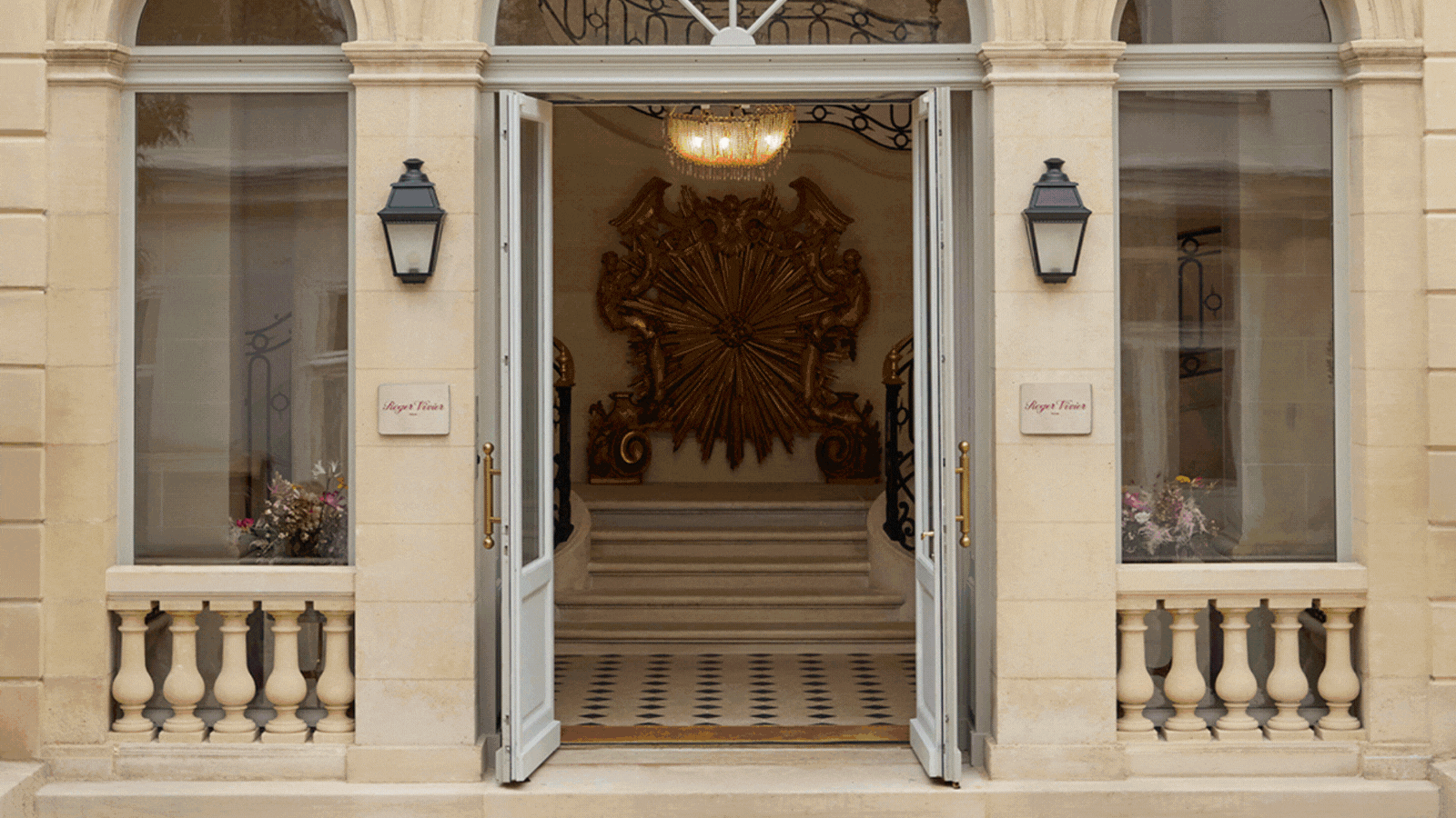 A rotating gif showcasing, in order of appearance, the palatial, marble exterior of a 18th-century building, a colorful office tucked inside of it, a luxury shoe archive obtained within a crypt-like, rock and chrome space, and a series of colorful, framed artworks inspired by female footwear.