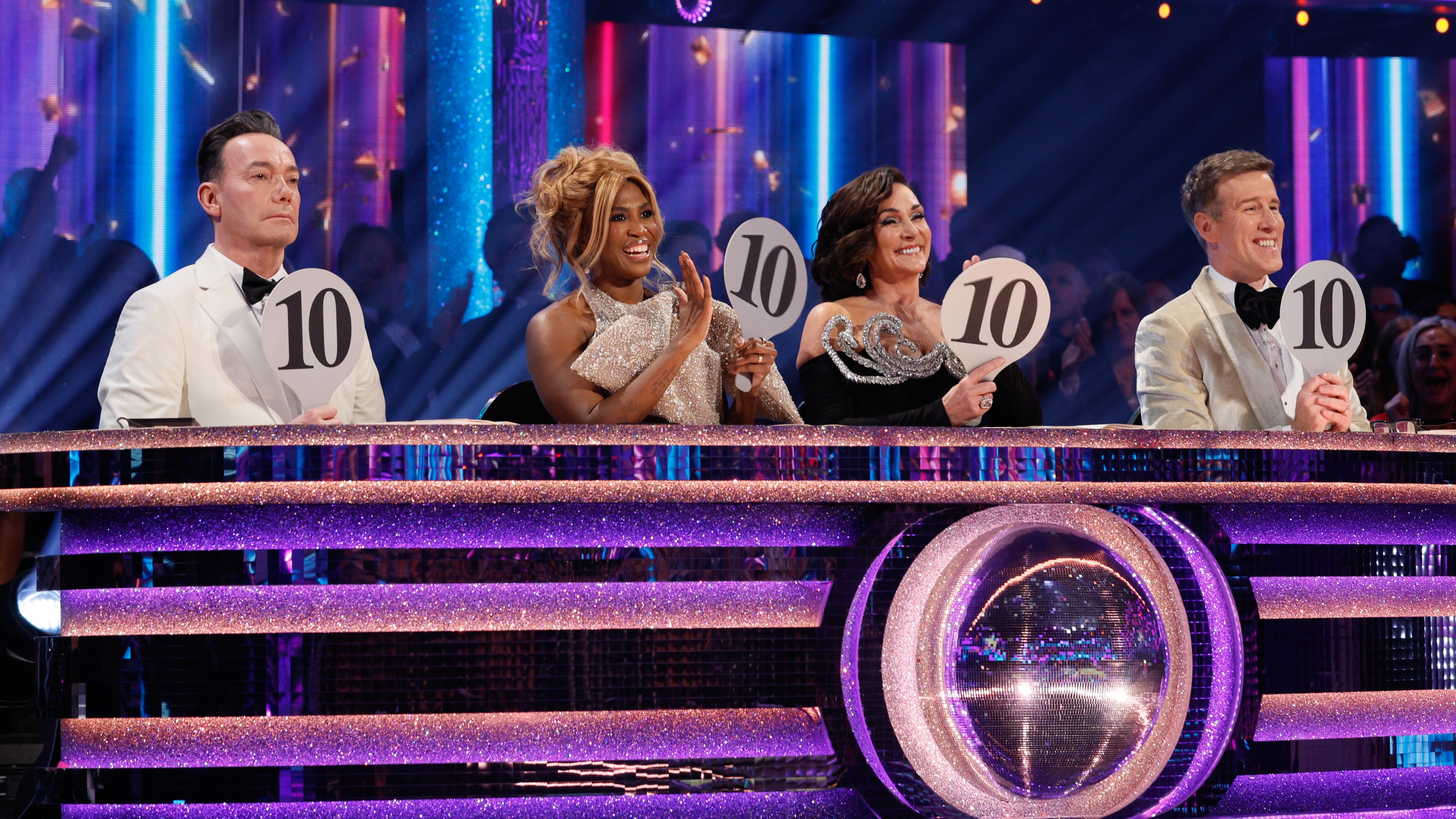Craig Revel Horwood, Motsi Mabuse, Shirley Ballas and Anton Du Beke hold up '10' paddles on Strictly Come Dancing