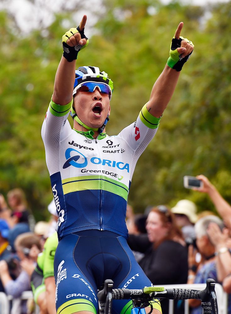 Caleb Ewan celebrates his stage 1 win at the Tour Down Under