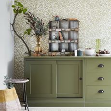 An olive green cabinet with a wallpaper backdrop