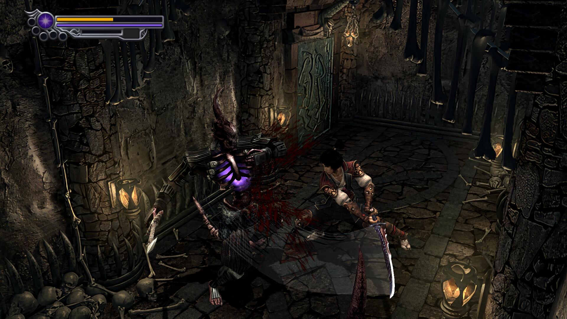 Jubei attacks a skeletal enemy within a crypt in Onimusha 2: Samurai's Destiny remastered