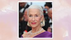 Helen Mirren wears a purple gown with rosy pink lipstick and a curled slicked-back bob