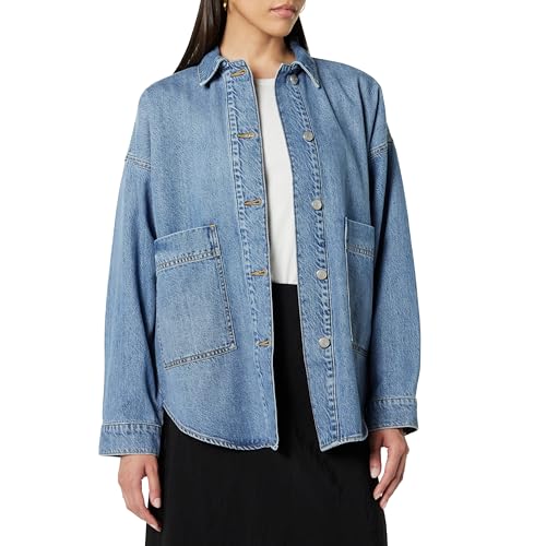 The Drop Pilar Long Denim Shirt Jacket, Medium Indigo, Xxs