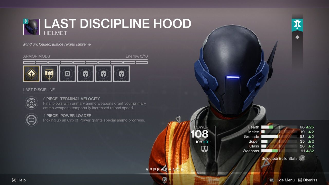 Destiny 2 armour set bonuses: The Last Disciple Hood shown in the item inspection screen, displaying the various stats and set piece bonuses.