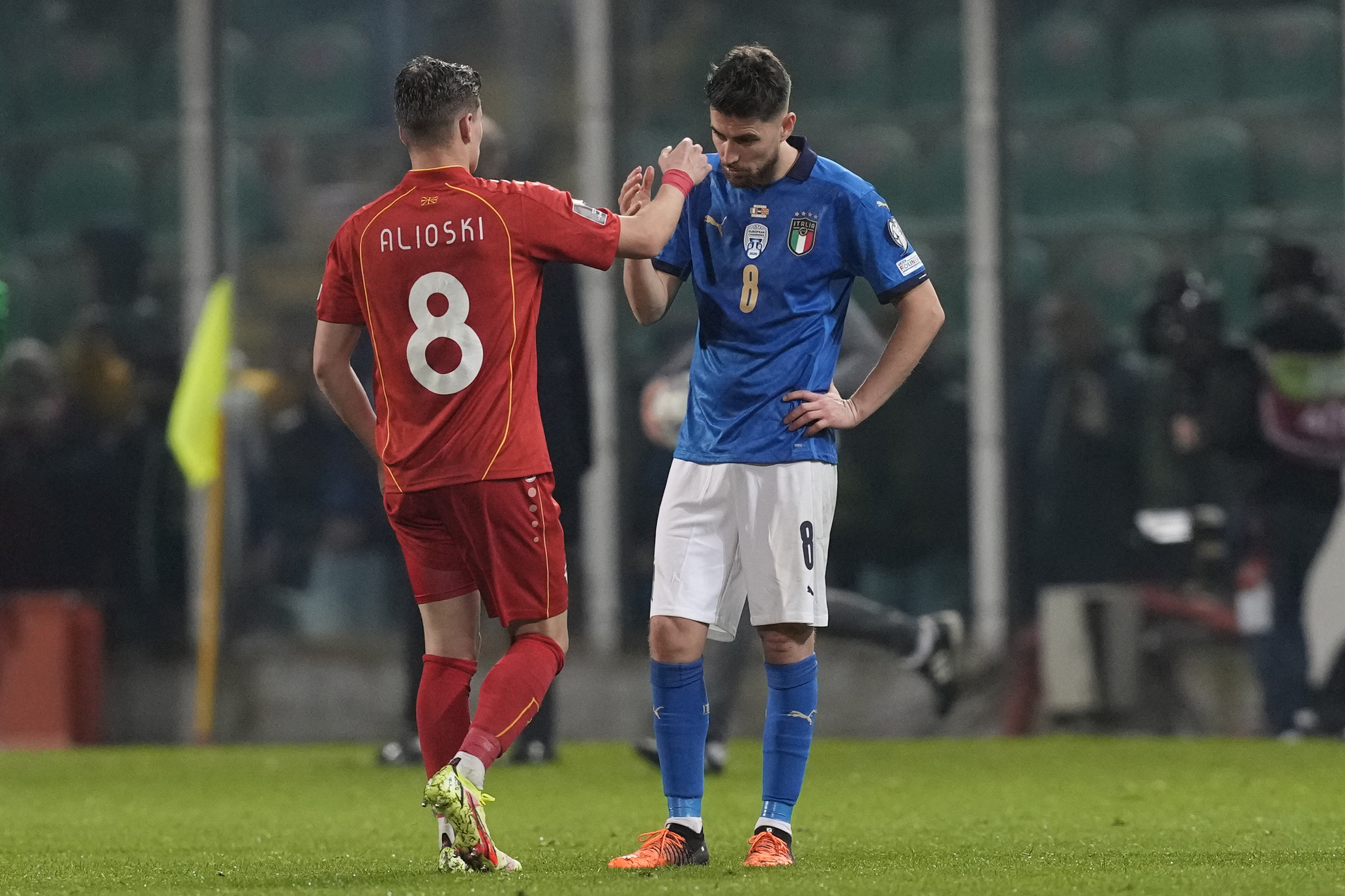 Jorginho (right) after Italy's loss to North Macedonia (Antonio Calanni/AP).
