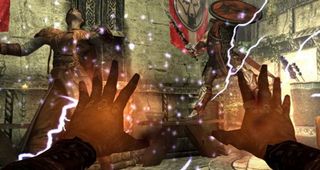 Best Skyrim mods — a first-person view of the player knocking two Solitude guards off their feet with a Wind Blast, added by the Gifts of the Outsider mod.