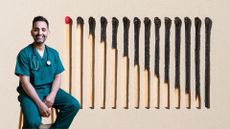 Dr Amir Khan next to burnt out matches, representing the physical signs of stress