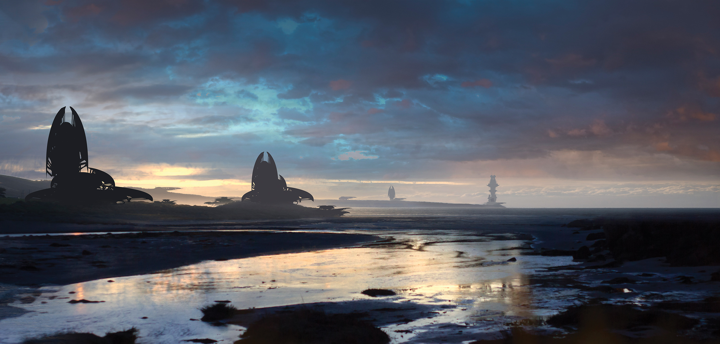 Digital painting shows an alien landscape