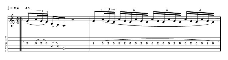 We're taking the liberty of exploiting open strings with this example, so the idea is not easily transposable. Restrictions aside, it's still a useful and musically effective pull-off lick that will put your fretting-hand stamina and accuracy to the test. Aim for as much volume as possible and remember that the best way to make sustainable progress is to increase speed a little bit at a time.