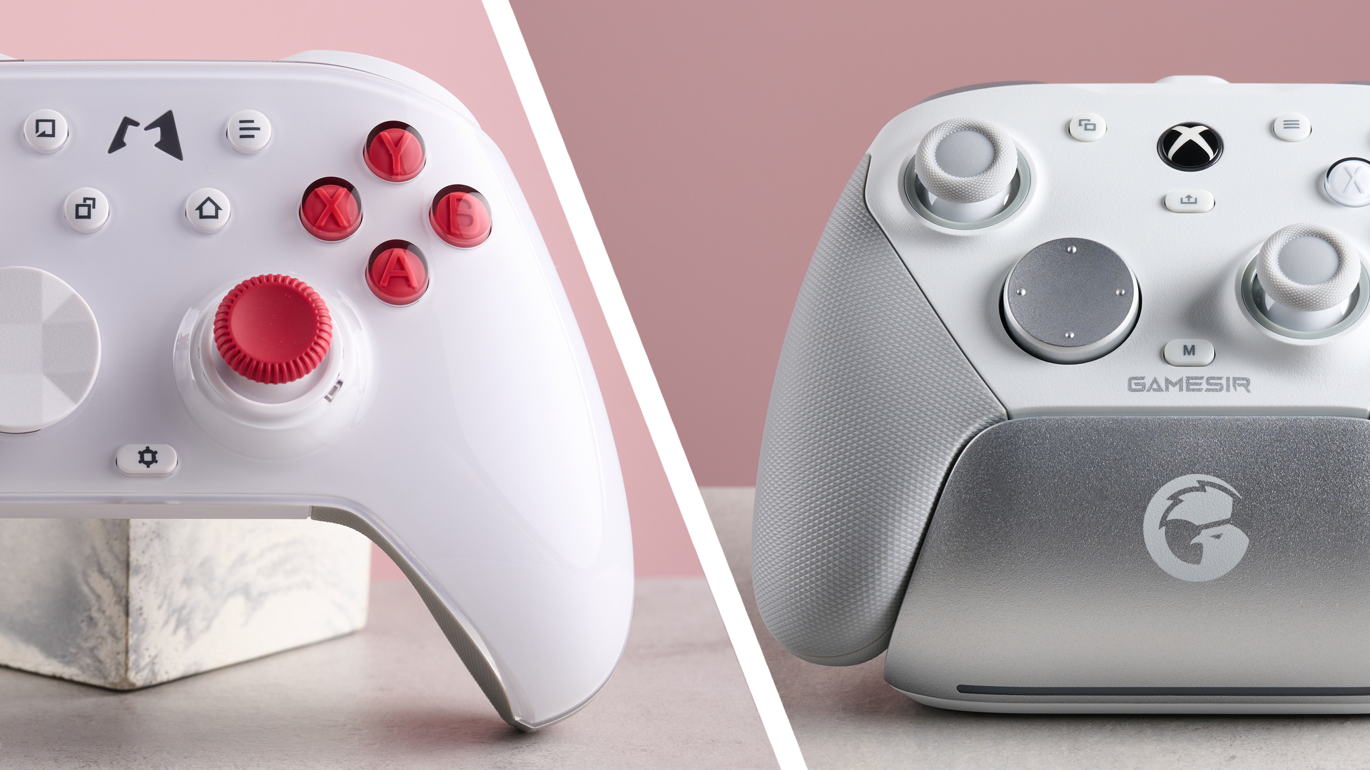GameSir G7 Pro and Mobapad Huben 2 on desks with pink back backgrounds, side-by-side with white diagonal dividing line