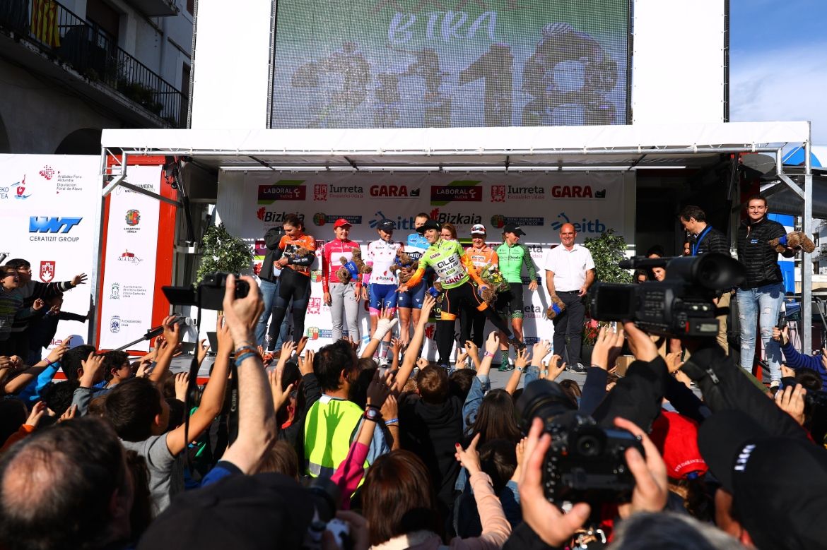 The podium after stage 3 of the Emakumeen Bira