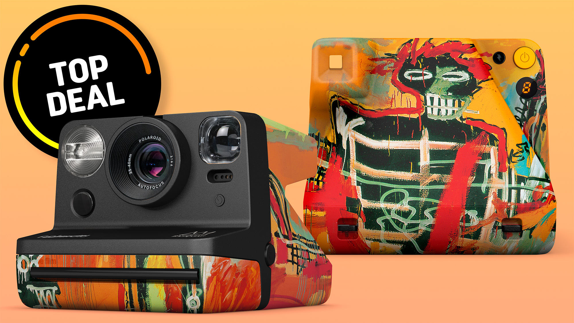 Polaroid Now Generation 2 - Basquiat Edition product image showing 3/4 front and rear, with 'Top Deal' roundel on an orange gradient