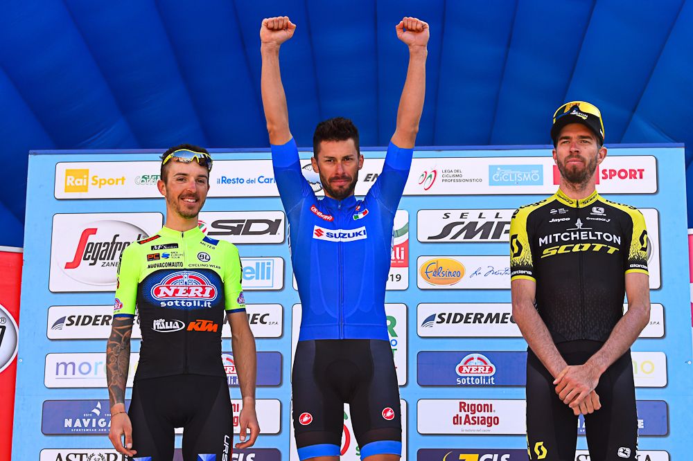 Mauro Finetto (Delko Marseille), Davide Gabburo (Neri Sottoli - Selle Italia - KTM) and Damien Howson (Mitchelton) on the stage 5 podium at Coppi e bartali