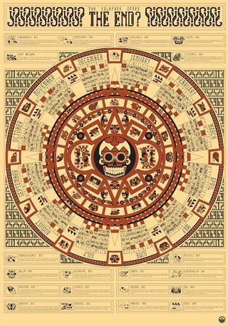 Each of the 20 symbols for Corn Studio’s ‘The Calendar After The End?’ were illustrated using three basic shapes: a circle, square and triangle. The skull at the centre of the calendar is the ‘God of Chaos’ – a fictional deity. Click on the image to enlarge