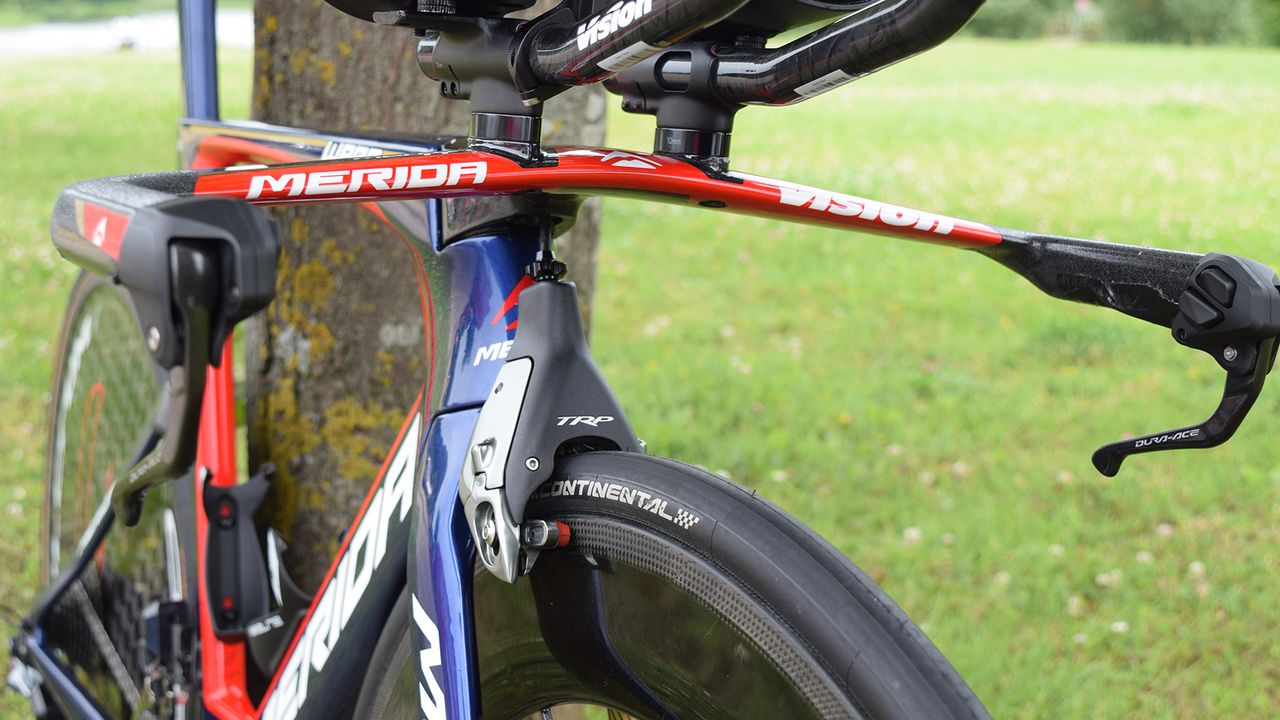 The front brake on Nibali's Merida Warp is the aero TRP T860