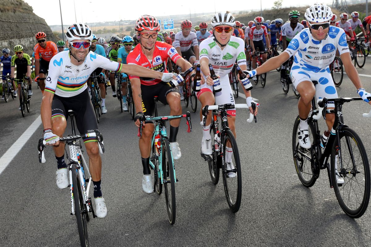 Valverde, Roglic, Pogacar and mountains classification winner Geoffrey Bouchard