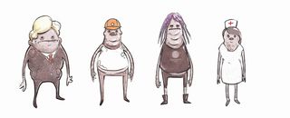 Concept drawings for the vaguely human, ever-so-slightly alien stars of the narrative that would eventually be rendered in 3D for greater flexibility