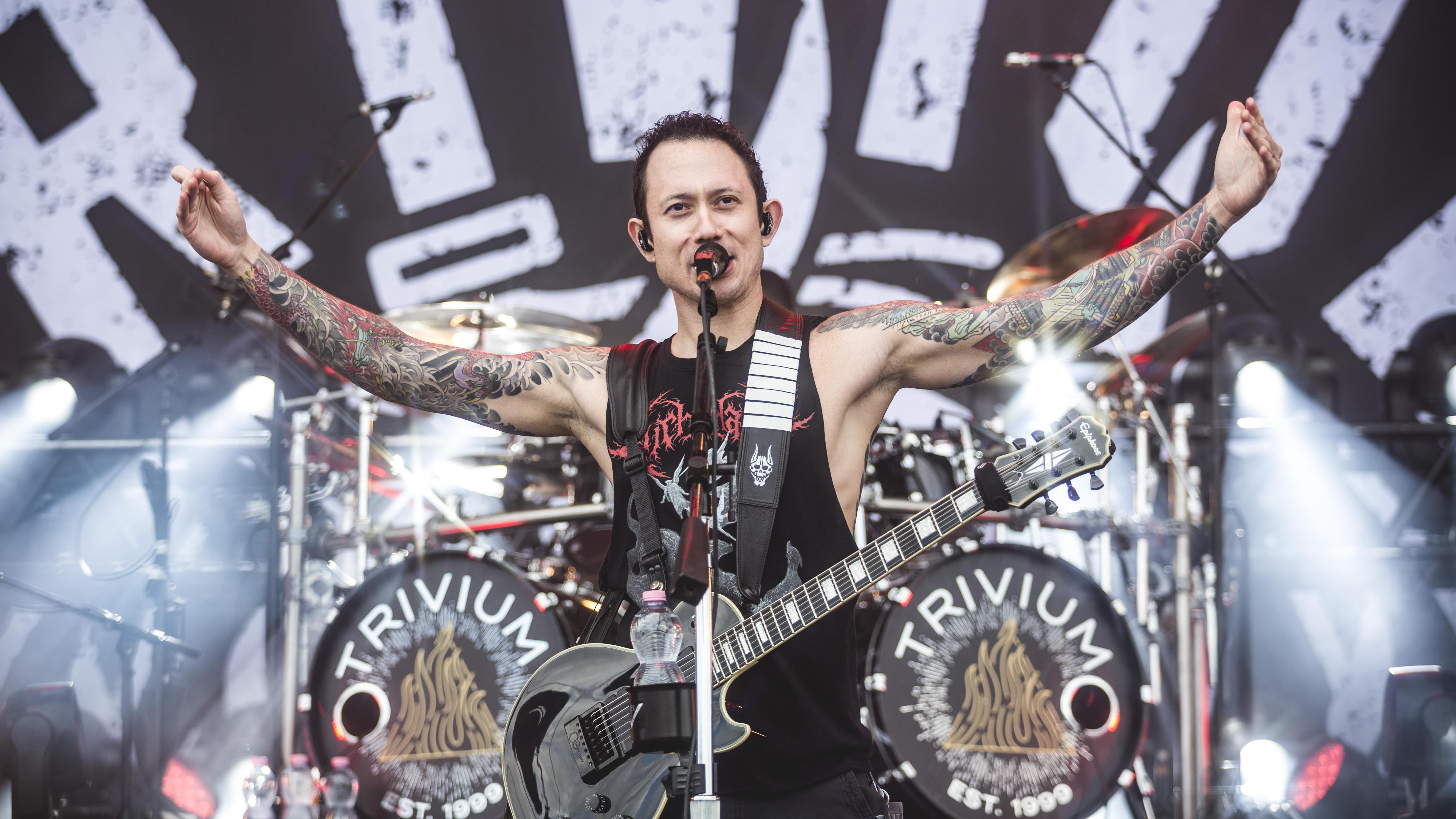 Japanese American singer Matt (Matthew) Heafy of Trivium performs live on stage during Rock am Ring at Nuerburgring on June 8, 2019 in Nuerburg, Germany.