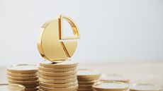Golden Pie Chart Symbol on Stacks of Coins, Permanent Portfolio strategy concept 