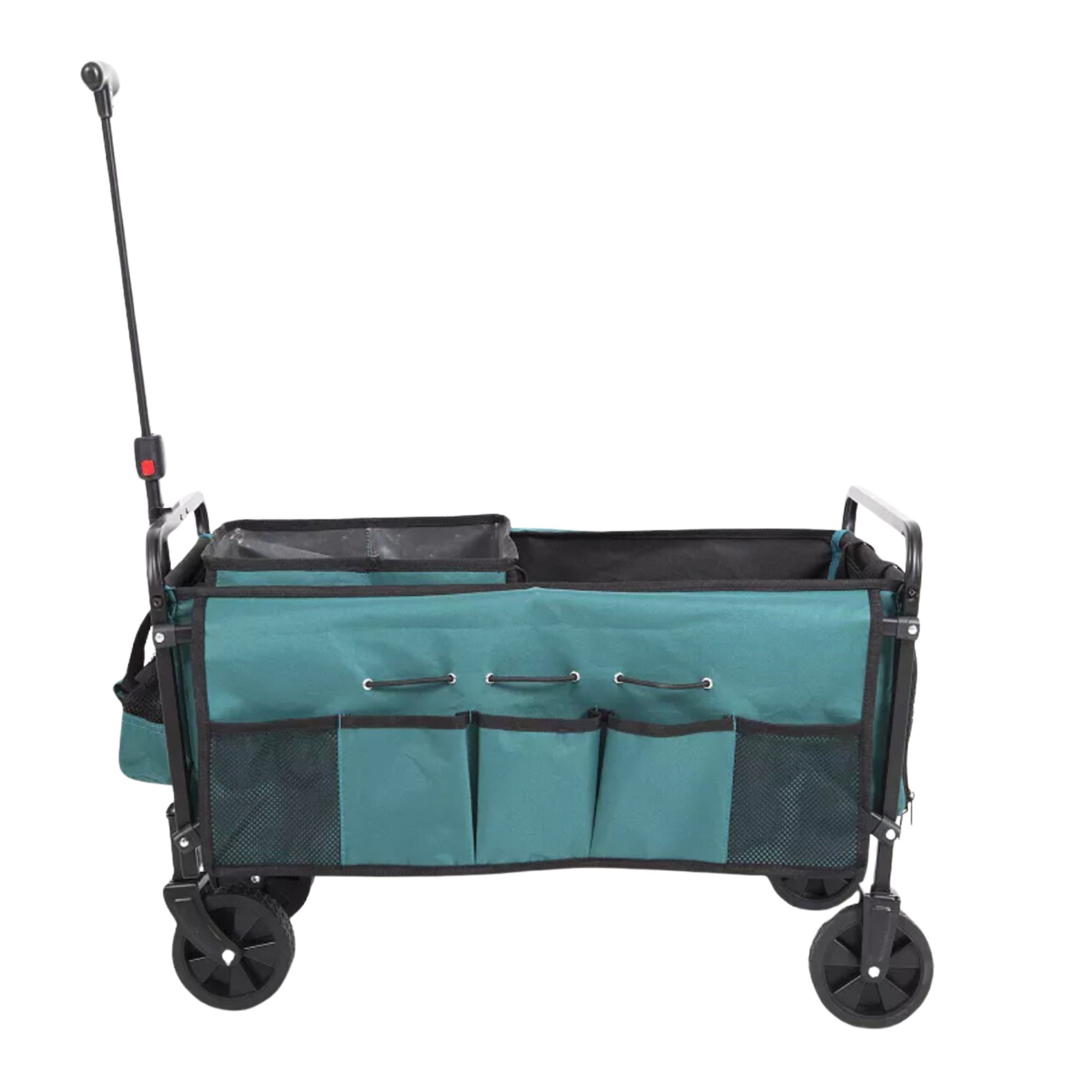 A green gardening cart with fabric lining that has pockets