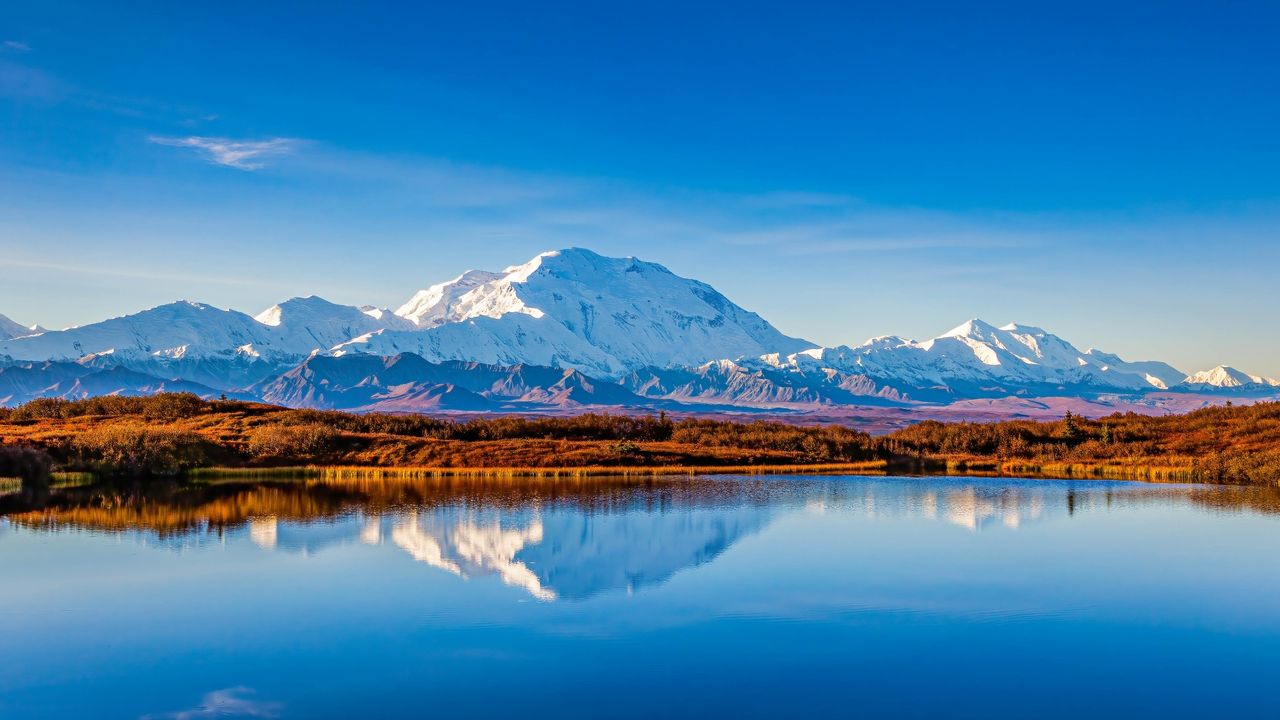 Mt. Denali on a clear day mirrored in the Reflection Pond