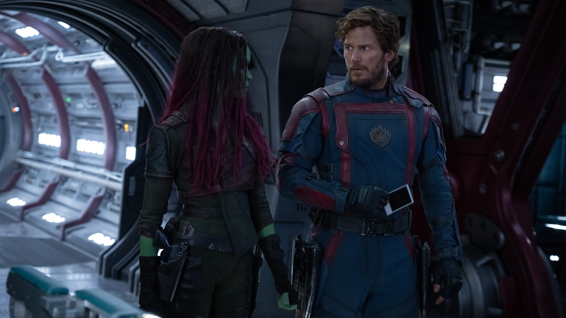 Star-Lord meets the alternate timeline Gamora in his ship in Guardians of the Galaxy 3