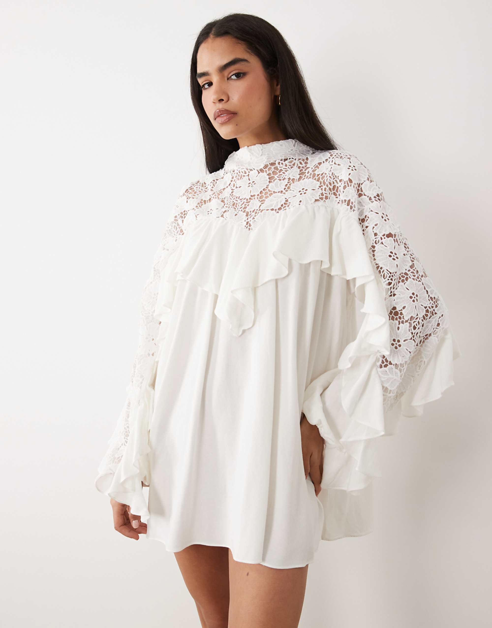Noughts &amp;amp; Kisses Crochet Lace High Neck Ruffle Trim Mini Dress in White