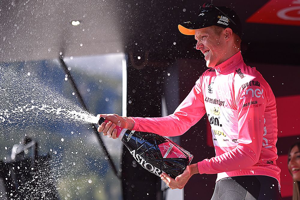 Steven Kruijswijk (LottoNL-Jumbo) puts on the maglia rosa as the overall leader of the Giro d'Italia
