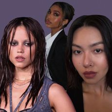 Photo collage of fall makeup looks worn by Jenna Ortega, Dua Lipa, Lori Harvey, and Mimi Nguyen