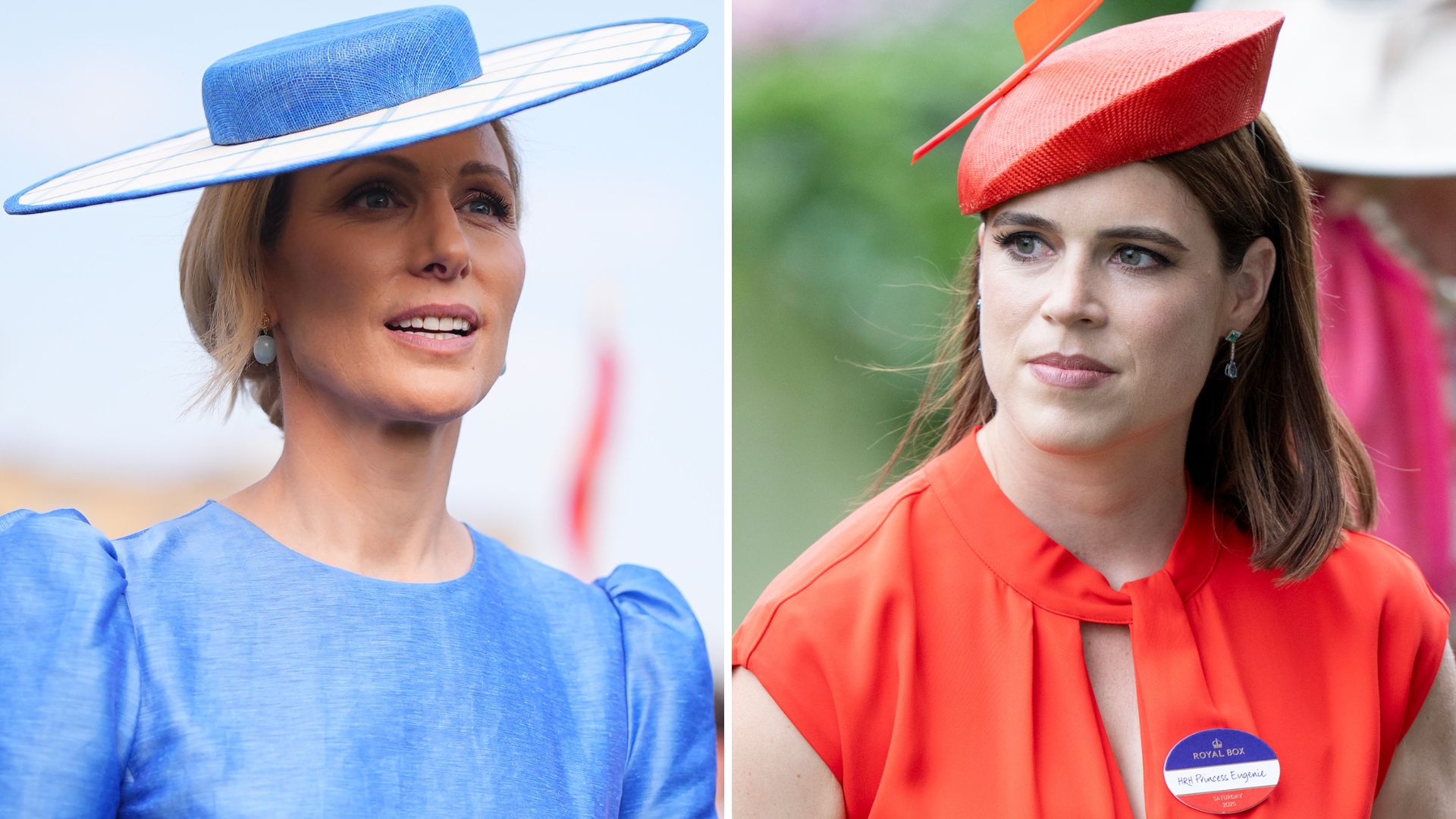 A composite of a picture of Zara Tindall at a garden party in 2026 and a picture of Princess Eugenie at Ascot 2025