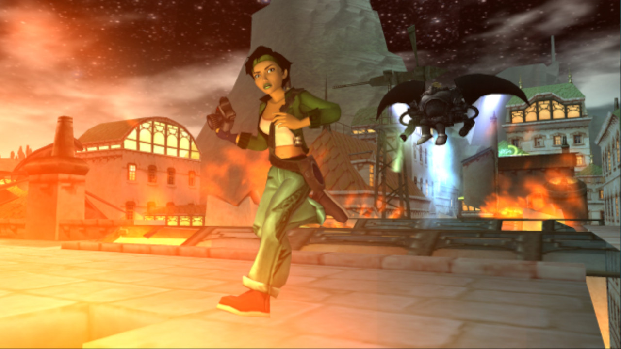 Jade runs from a drone along the rooftops in Beyond Good and Evil, with camera in-hand