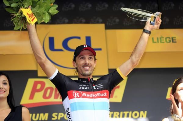 Fabian Cancellara (RadioShack-Nissan) salutes from the podium in Liege.