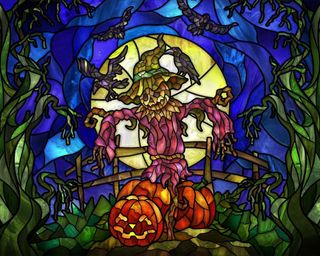 Stain glass Halloween window idea with pumpkin detail