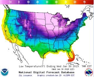 A weather map shows expected temperatures across the United States on the morning of Jan. 30.