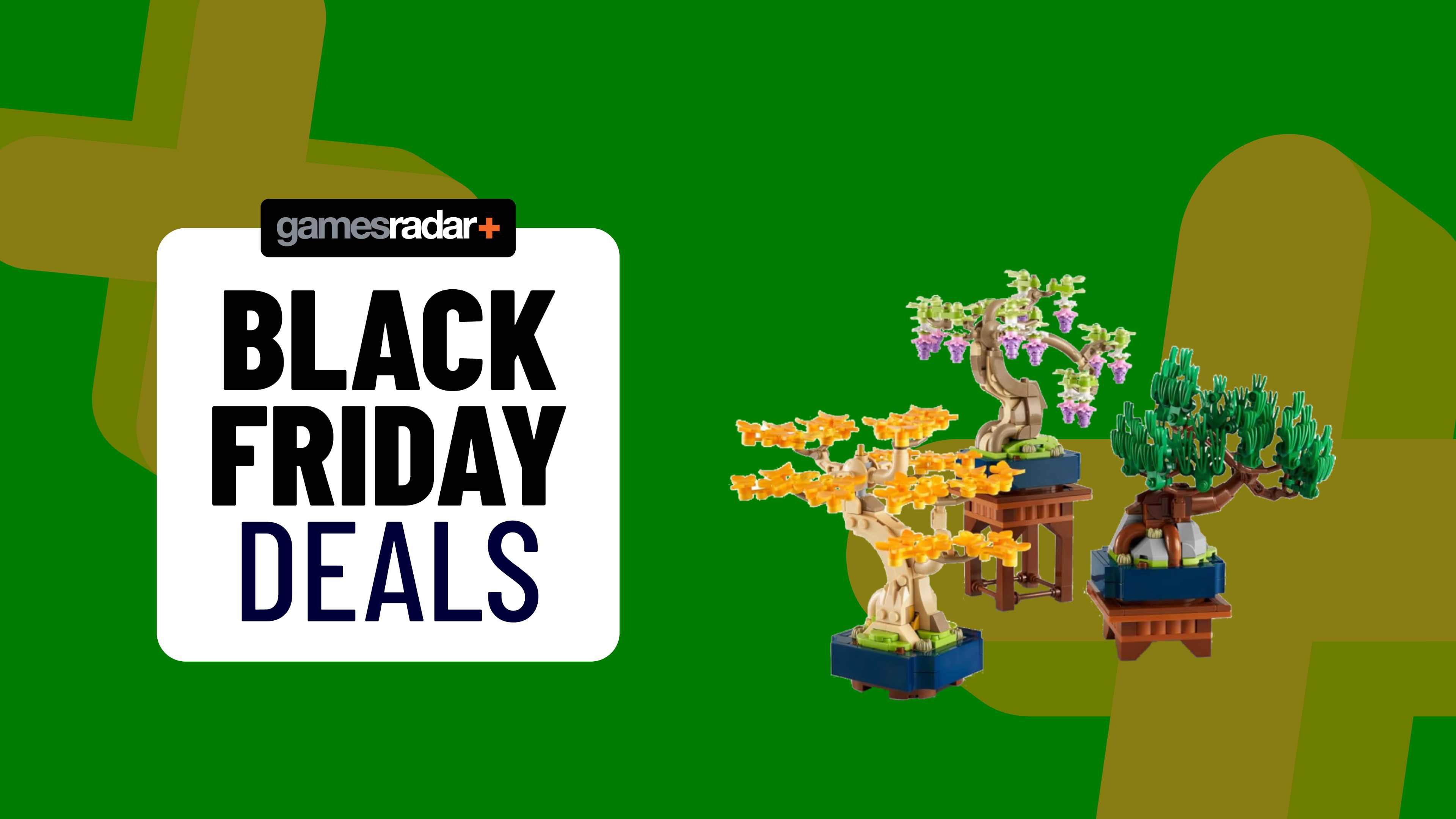 The phrase &#039;Black Friday deals&#039; next to three Lego mini bonsai trees.