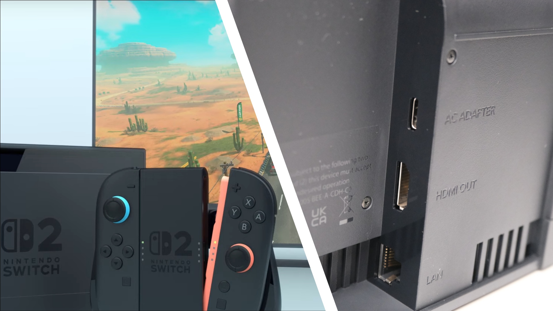The Nintendo Switch 2 in docked mode in front of a TV, with an inset of the HDMI port on the Nintendo Switch 2's dock