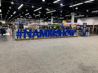 A sign for the 2023 NAMM show, inside the Anaheim Convention Center