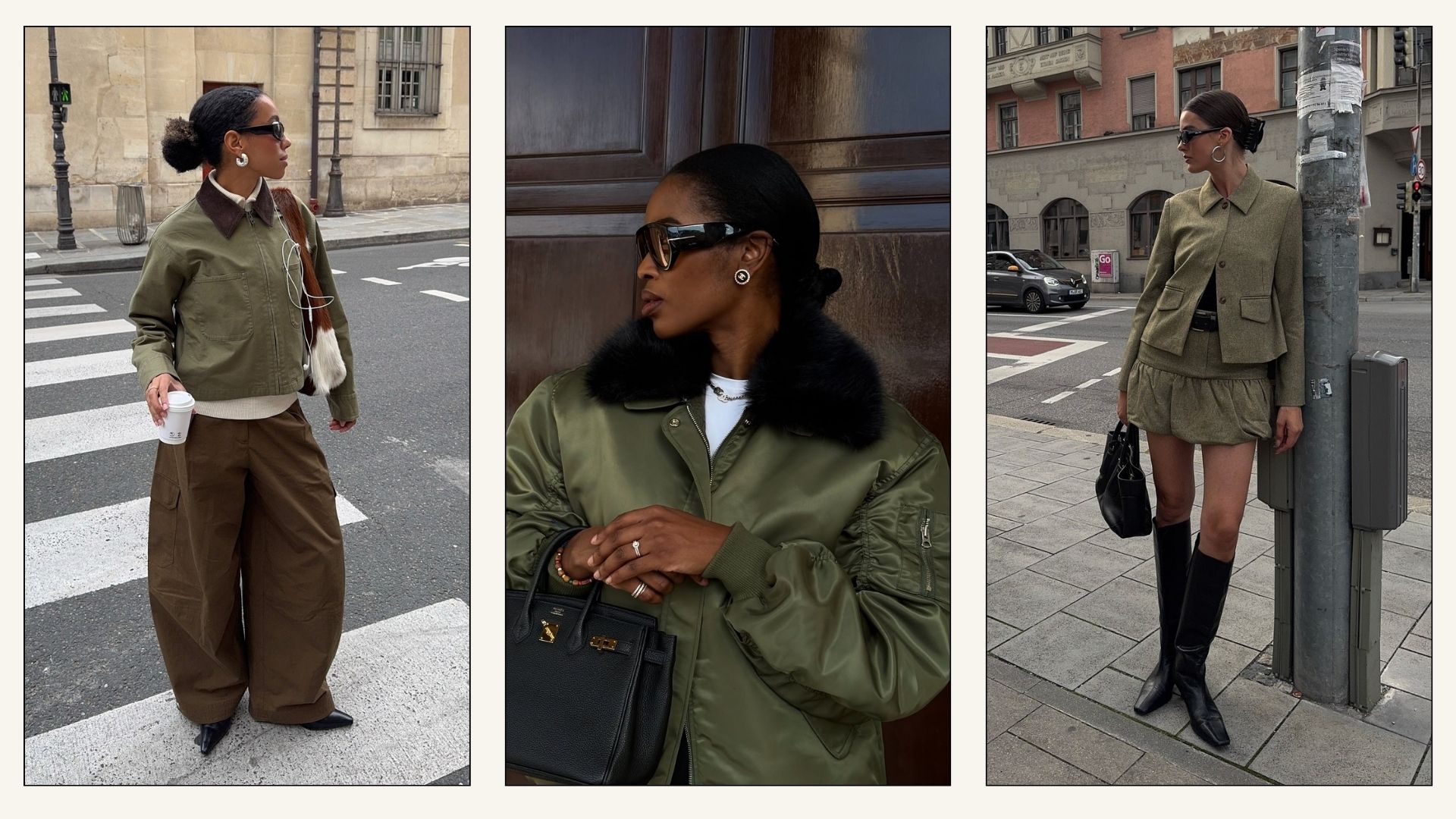 Collage of influencers wearing the khaki colour trend.
