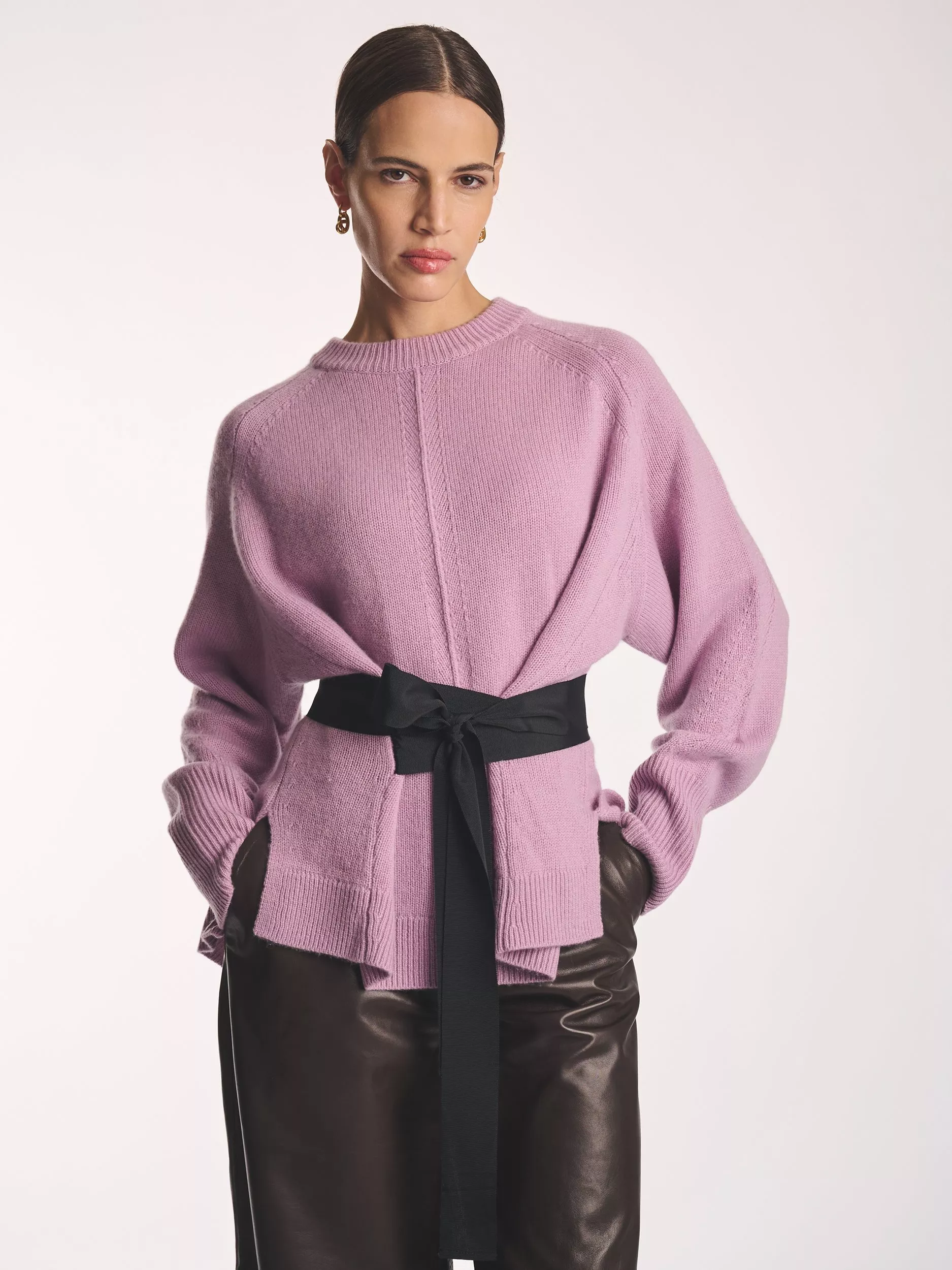 Amanda Wakeley Merino Wool Blend Crew Neck Tie Detail Jumper, Pink