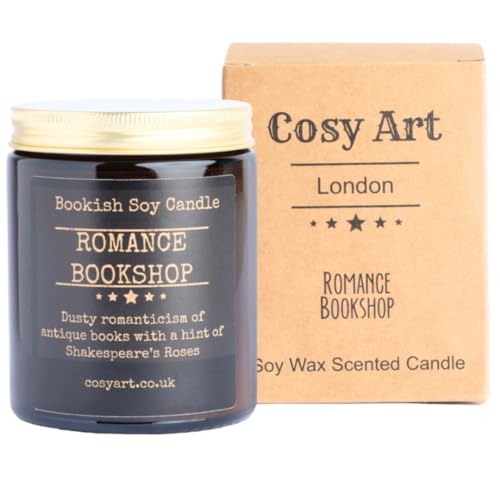 Cosy Art London Romance Bookshop Candle – Hand-Poured Soy Wax Gift for Valentine’s Day, Book Lovers, Rose & Amber Scent, 180ml