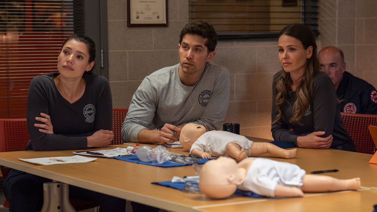 Violet, Vasquez, and Novak in a meeting at Firehouse 51 in Chicago Fire Season 14x10