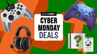Cyber Monday logo surrounded by Xbox accessories