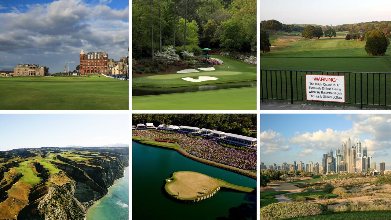 Six golf courses pictured in a montage