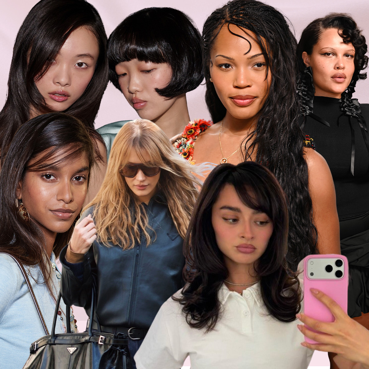 Photo collage of celebrities and models with side bangs 