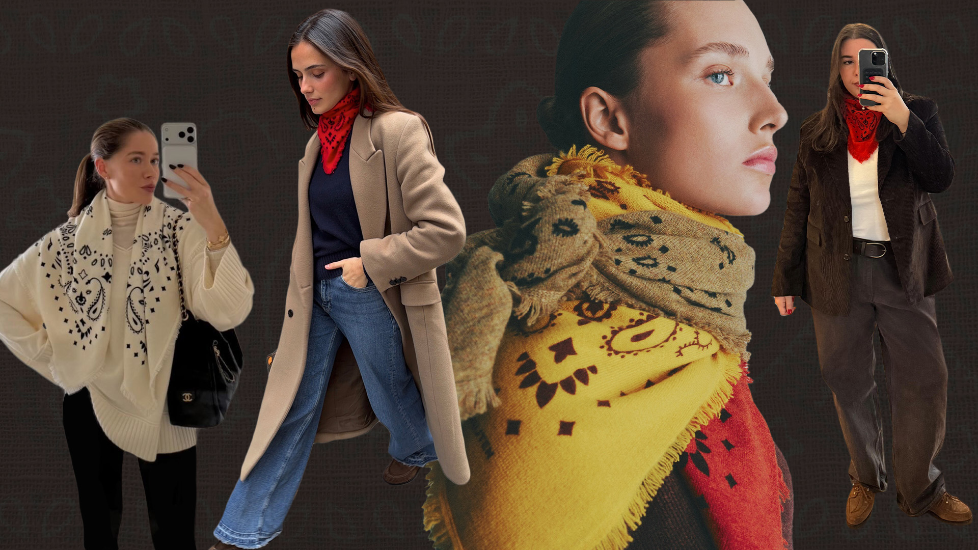 Collage of women wearing colorful bandana neck scarves.