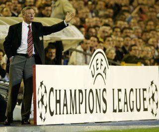 Sir Alex Ferguson gestures during a Champions League game between Manchester United and Real Madrid at the Santiago Bernabeu in April 2003.