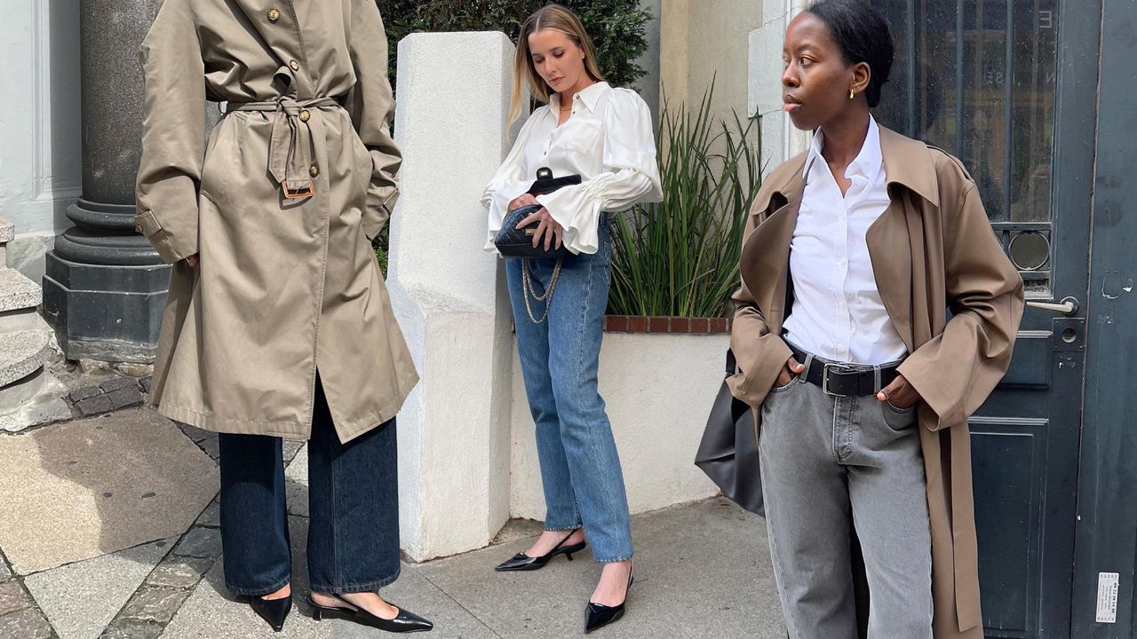 stylish women posing for photos on the street wearing black slingback heels