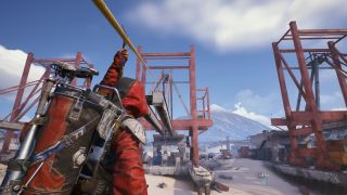 Arc Raiders Shoring Up Defenses: A player riding a zipline up the a red crane in Stacking Yard.