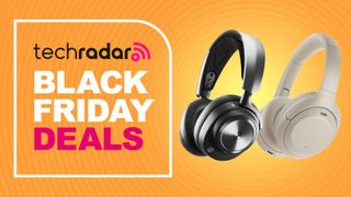 The SteelSeries Arctis Nova Pro Wireless gaming headset and the Sony WH-1000XM4 wireless headphones in front of an orange background featuring the words 'TechRadar Black Friday Deals'.
